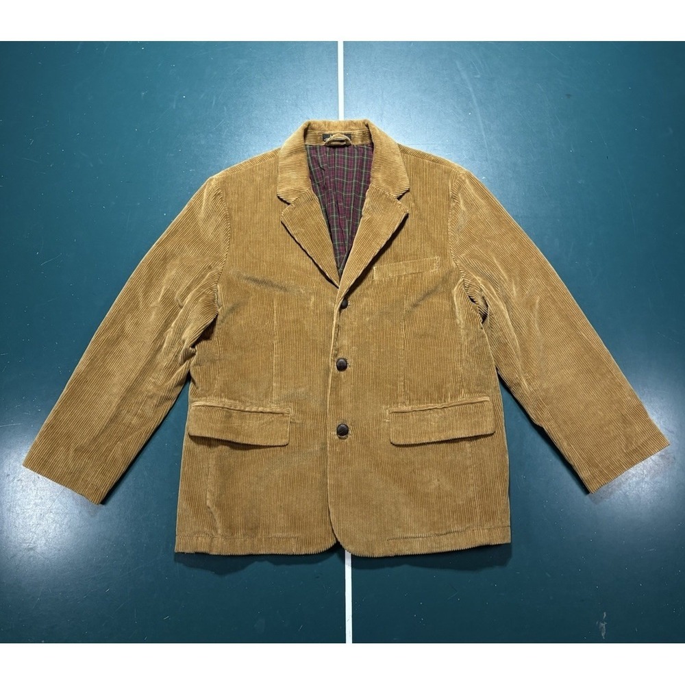 LL Bean Corduroy Blazer Sport Coat Mens 42 Short Brown Plaid Lined Cotton Jacket